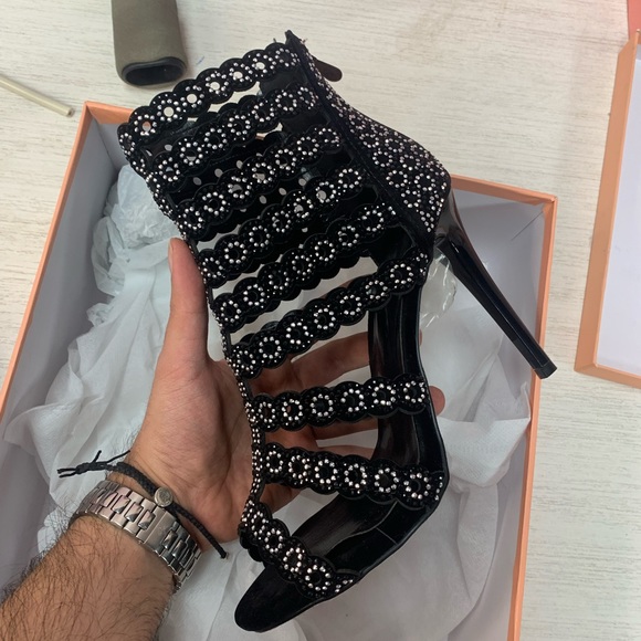 vivorosa Shoes - Open Toe Silver Crystal Stiletto Heel Bootie - Black Velvet